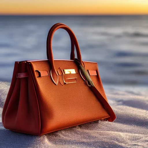 Image similar to a closeup photorealistic photograph of a smiling bichon frise peeking out of a Hermes handbag at the beach during sunset This 4K HD image is Trending on Artstation, featured on Behance, well-rendered, extra crisp, features intricate detail and the style of Unreal Engine.