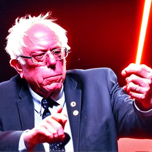 Image similar to bernie sanders shooting a laser beam from his eyes, synthwave