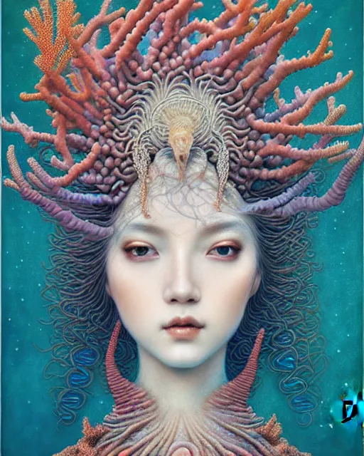 Prompt: portrait of a beautiful sea corals goddess, unusual beauty, esoteric, muted colors, head in focus, fantasy art, ornamental aesthetics, intricate, elegant, highly detailed, hyperrealistic painting, artstation, concept art, painterly, sharp focus, illustration, art by chie yoshii