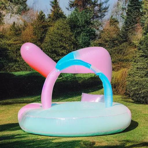 Image similar to a pastel colour high fidelity wide angle Polaroid art photo from a holiday album at a spa retreat with abstract inflatable parachute furniture, all objects made of transparent iridescent Perspex and metallic silver, no people, iridescence, nostalgic