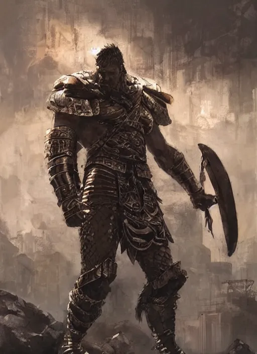 Image similar to ancient historically accurate depiction of the Bible Character Goliath of Gath, the Philistine warrior giant in ancient persian chainmail armor, dramatic lighting art by Yoji Shinkawa by Richard Schmid by greg rutkowski by Sandra Chevrier by Jeremy Lipking cinematic dramatic