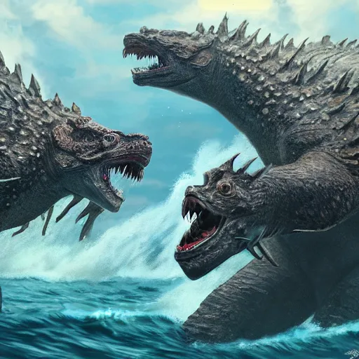 Image similar to Battle of two godzillas in the sea, very detailed, very realistic, artstation