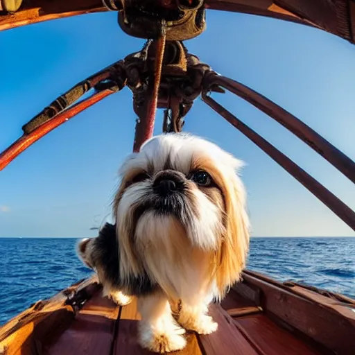 Prompt: low angle photo of a shih tzu on a pirate ship out at sea