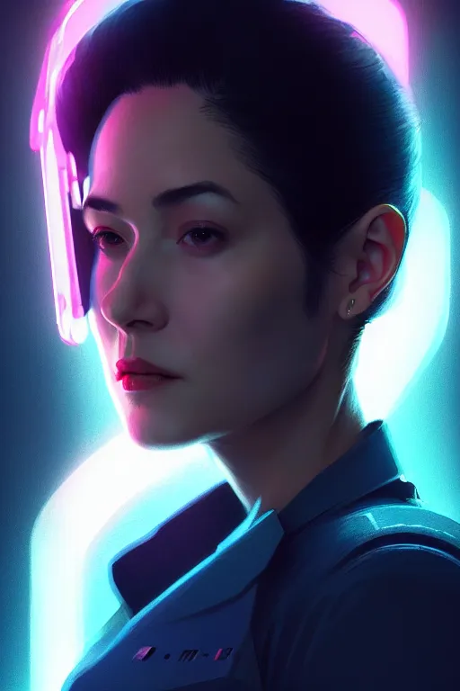 Prompt: 3 / 4 portrait, major mira killian from ghost in a shell, night, crop top, beautiful, in a modern city, neon signs, jewelry, artstation, william bouguereau, rossdraws, greg rutkowski, super detailed, realistic, octane render, volumetric, cinematic, 8 k