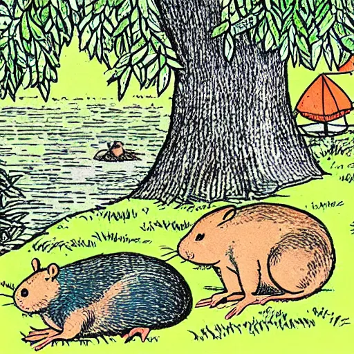 Prompt: “mole and water rat having a picnic under a tree on the river bank, coloured storybook illustration from wind in the willows, by herge (tintin)”