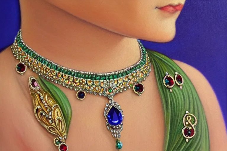 Image similar to highly detailed oil painting, front view, very realistic gemstones, art nouveau, ornate, delicate, brilliant precious gemstones necklace, necklace on display, dramatic light,