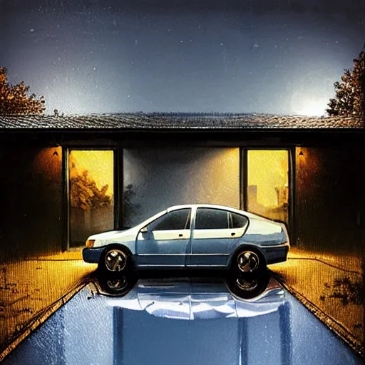 Image similar to 2003 blue Honda Accord leaking large puddle of oil onto driveway, midnight, moonlight, stark lighting, reflective puddle, pool, oil, by Scott Listfield and Mikko Lagerstedt