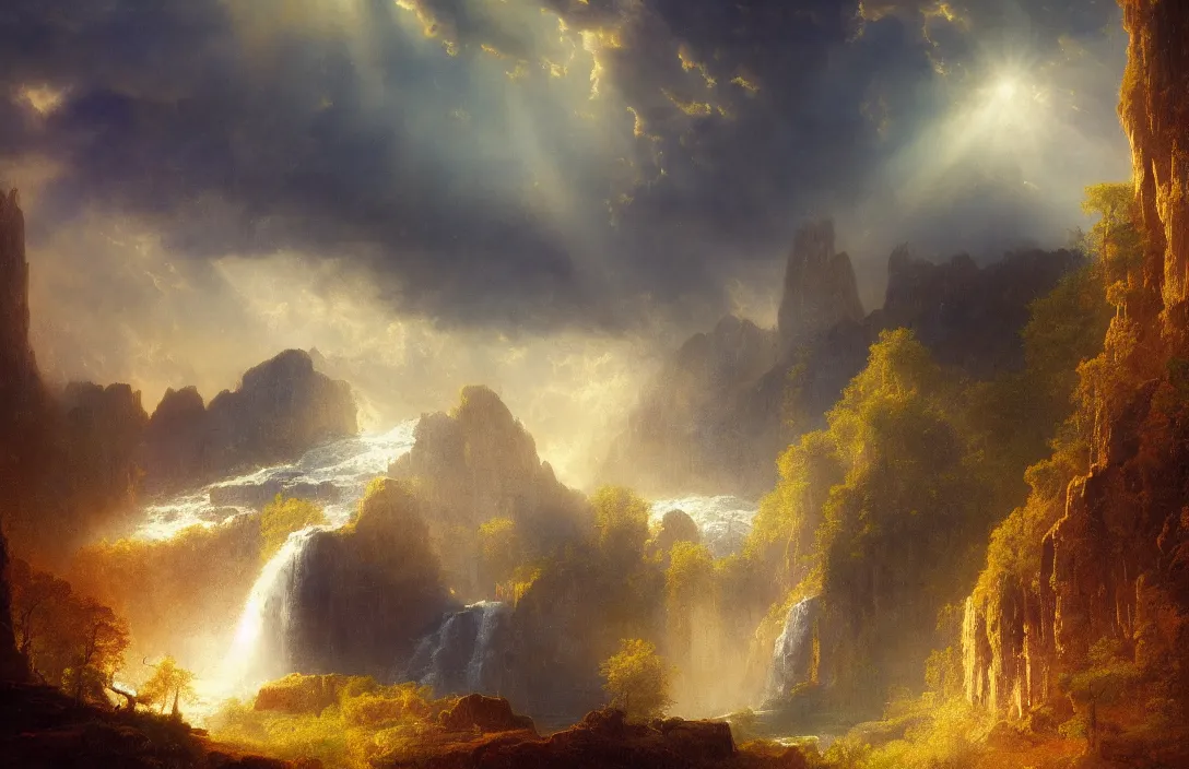 Prompt: a huge arc far away in an albert bierstadt inspired landscape detailed dreamscape, hyperreal phantastic landscape, golden ratio, high aestehtic, waterfall cascades, cinematic light dramatic light, trending on artstation