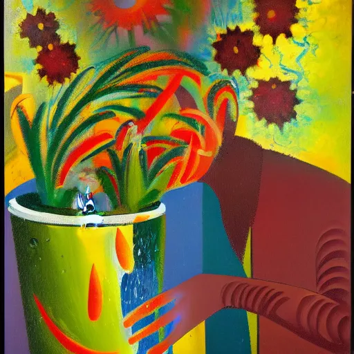 Prompt: man pouring water on head, flowers are in a pot on his head, the pot is part of his head, abstract expressionism, oil on canvas