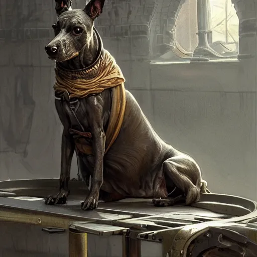 Image similar to an old dark brindle greyhound is sitting on a conveyor belt at the glue factory, d & d, fantasy, intricate, elegant, highly detailed, digital painting, artstation, concept art, matte, sharp focus, illustration, hearthstone, art by artgerm and greg rutkowski and alphonse mucha