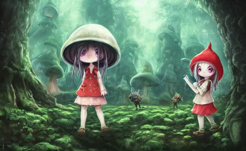 Prompt: cute little girl with an long hair wearing an mushroom hat in the dark forest next to a sinister monster, cute artwork, clean detailed art, inspired made in abyss, detailed background, fantastic world, spectacular quality