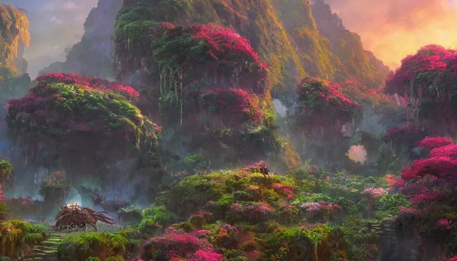 Prompt: craig mullins and ghibli digital illustration of the beastlands at dusk, avatar ( 2 0 0 9 ), lush landscape, jungle landscape, colorful, flowers unreal engine, hyper realism, realistic shading, cinematic composition, realistic render, octane render, detailed textures, photorealistic, wide shot