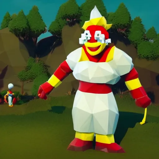 Image similar to image of ronald mcdonald, white face, red afro, red nose and yellow outfit as an enemy in spyro the dragon video game, with low poly playstation 1 graphics, upscaled to high resolution