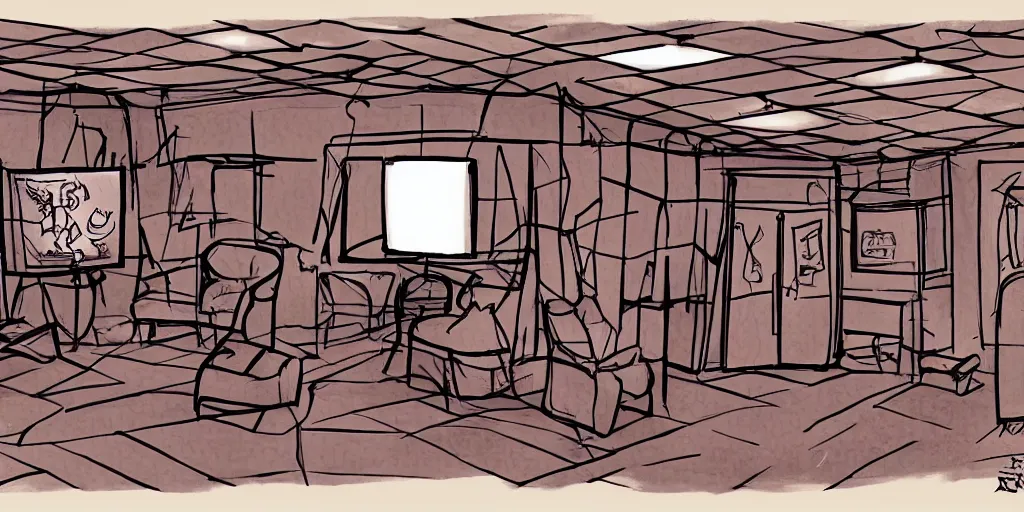 Image similar to a dimly lit, theater dressing room, with a mirror, a chair, a couch, day of the tentacle style, drawn by Peter Chan, 5 point perspective