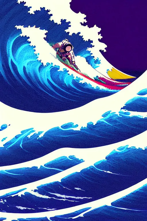 Prompt: a beautiful digital painting of an astronaut surfing the great wave off kanagawa on a purple surboard by greg rutkowski