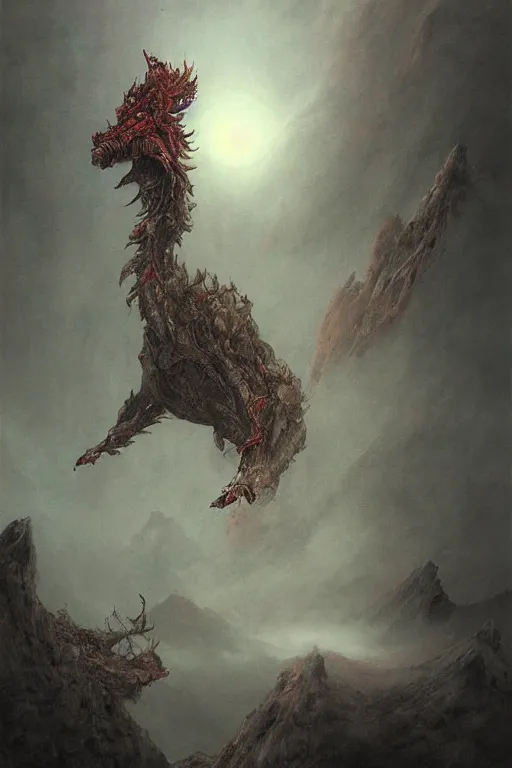 Image similar to oimmortal beast from chinese mythology, deamland of concept art, fall of the ancien regime, ghibli, photorealistic, digital studio art, beksinski