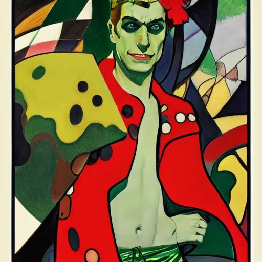 Image similar to art by joshua middleton, the creeper, a tall manically smiling yellow - skinned man with green and black striped trunks and wearing a red feather boa, mucha, kandinsky, poster, comic art, stylised design