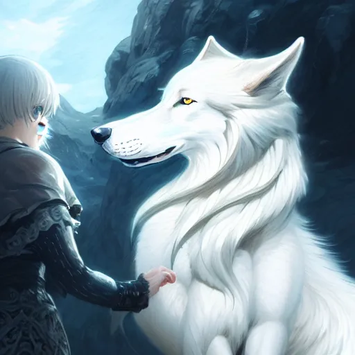 Prompt: girl facing a giant white wolf, manga cover, intricate, elegant, highly detailed, digital painting, artstation, concept art, smooth, sharp focus, illustration, sharp focus, illustration, highly detailed, concept art, matte, trending on artstation, anime, art by wlop and artgerm and greg rutkowski, h 6 4 0