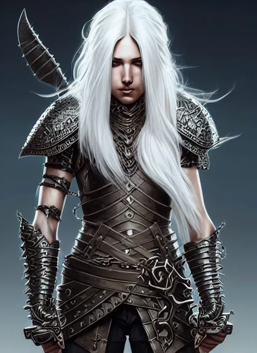 Image similar to warrior, leather armor!!! long wild white hair!! covered chest!!! fantasy, d & d, intricate ornate details, digital painting, pretty face!!, symmetry, concept art, sharp focus, illustration, art by artgerm! greg rutkowski magali villeneuve wlop! ilya kuvshinov!!, octane render