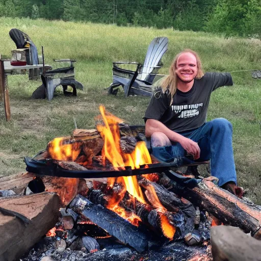 Image similar to photo of hillbilly with long blonde hair smiling near a fire pit