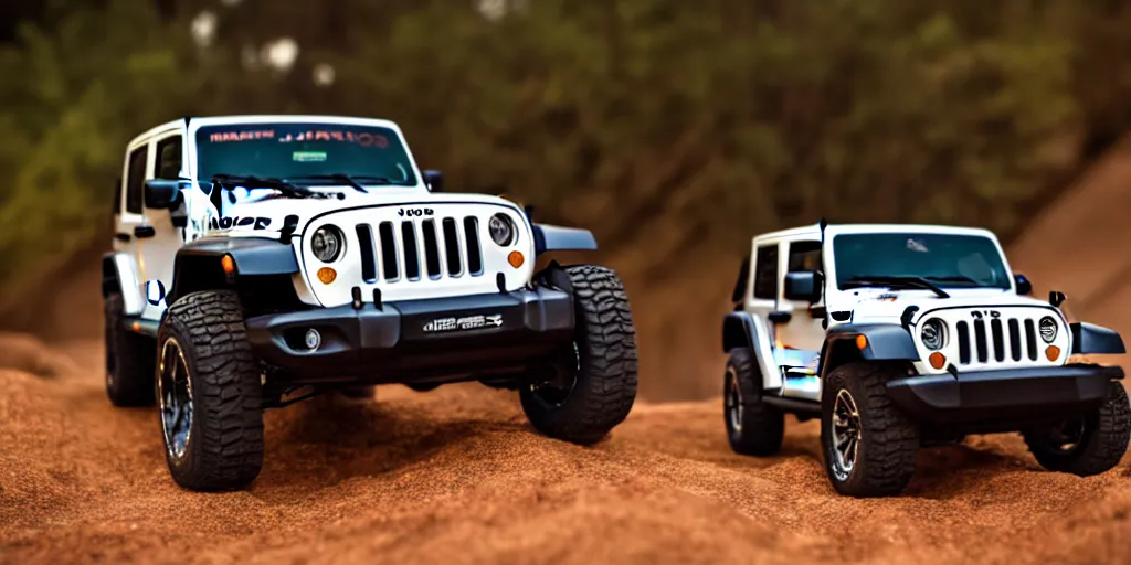 Image similar to Hot Wheels, Jeep Wrangler JKU, cinematic, Maxxis, 8k, depth of field, bokeh.