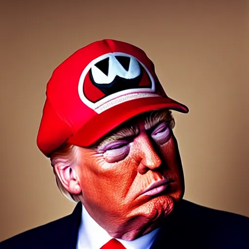 Prompt: uhd candid photo of hyperdetailed donald trump dressed as mario. correct face, cinematic lighting, photo by annie leibowitz, and steve mccurry.