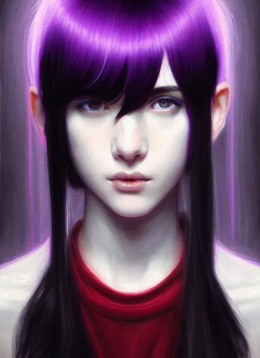 Prompt: portrait of teenage girl with white bangs, red irises, bangs, black and white hair, purple clothes, white bangs, bangs are different color from hair, intricate, elegant, glowing lights, highly detailed, digital painting, artstation, concept art, smooth, sharp focus, illustration, art by wlop, mars ravelo and greg rutkowski