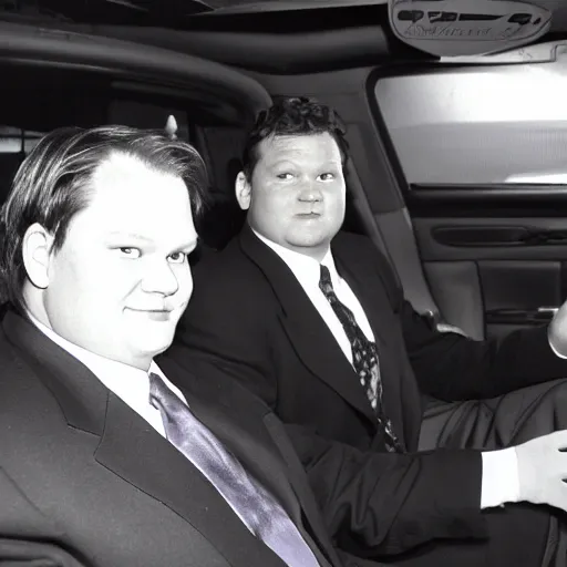 Prompt: 1 9 9 8 andy richter wearing a black wool coat and necktie in his car driving through the streets of chicago at night, pov back seat of car, cozy atmosphere - n 9