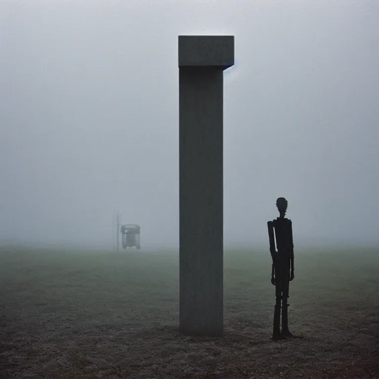 Image similar to a sole lanky liminal observer droid by dennis mejillones, in a brutalist yet rural landscape by simon stalenhag, 3 5 mm film photography, dawn, eerie fog