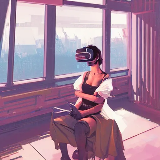 Prompt: illustration of a woman in vr headset sitting in cyberpunk room behind the window, by syd mead, greg rutkowski and ivan shishkin