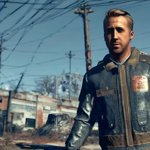 Image similar to ryan gosling in fallout 4 is wearing a raider costume