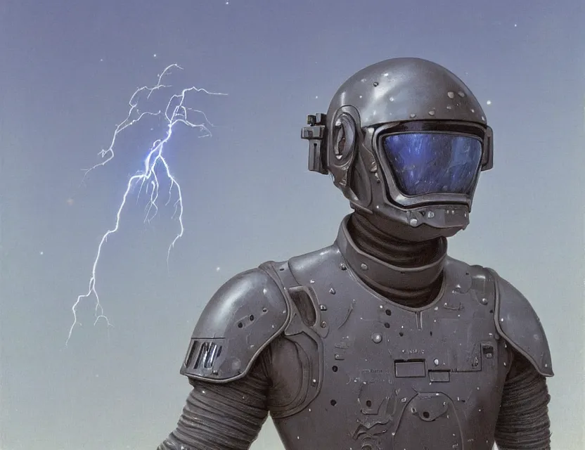 Image similar to a detailed portrait painting of a lone bounty hunter wearing combat armour and a reflective visor. Head and chest only. Movie scene, cinematic sci-fi scene. Flight suit, cloth and metal, accurate anatomy. portrait symmetrical and science fiction theme with lightning, aurora lighting. clouds and stars. Futurism by beksinski carl spitzweg moebius and tuomas korpi. baroque elements. baroque element. intricate artwork by caravaggio. Oil painting. Trending on artstation. 8k