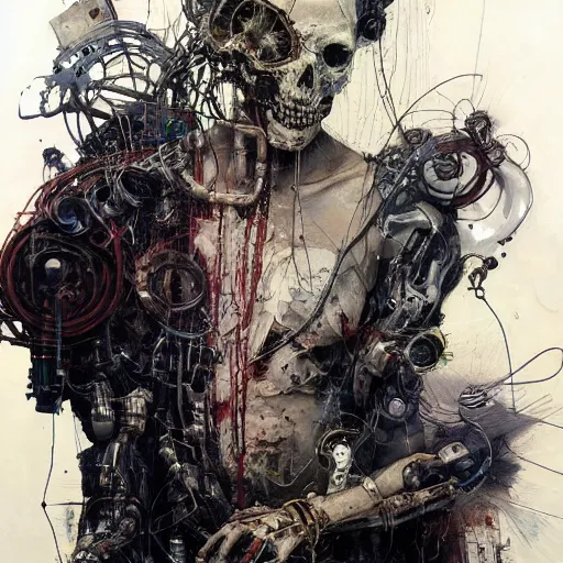 Image similar to a cyberpunk biomechanical hacker, skulls, wires cybernetic implants, machine noir grimcore, in the style of adrian ghenie esao andrews jenny saville surrealism dark art by james jean takato yamamoto and by ashley wood and mike mignola