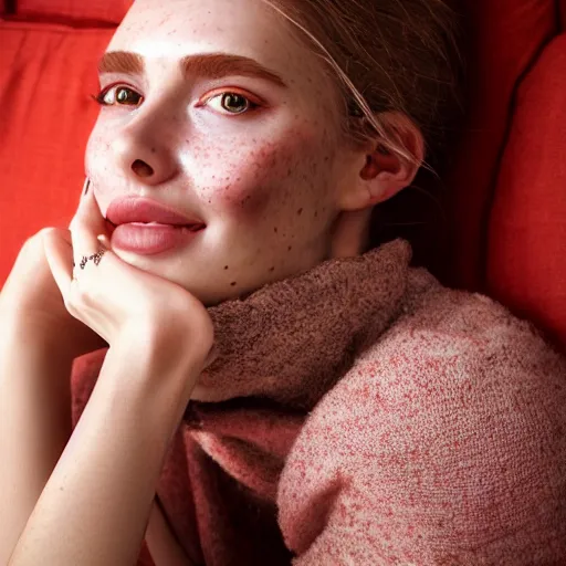 Prompt: portrait of a cute thin young woman, red blush, cute freckles wearing casual clothes, small smile, relaxing on a couch, cozy living room, close up shot, 8 k, art by irakli nadar, hyperrealism, hyperdetailed, ultra realistic