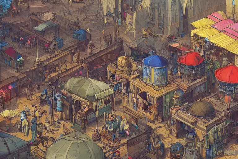 Image similar to a colorful medieval marketplace, Industrial Scifi, detailed illustration, character design, intricate, by Martin Grip and Moebius