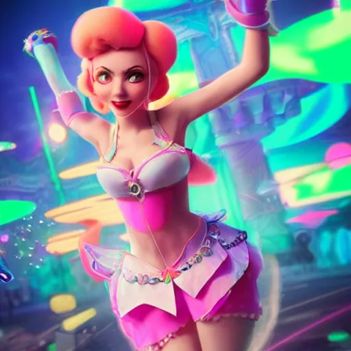 Image similar to Princess peach mixed with jinx from league of legends, dancing, background with neon lighting, raytrayced, octane render, epic composition, intricate details, hyperrealist, by Joe Benitez, WLOP, Alessandro Barbucci, Barbara Canepa