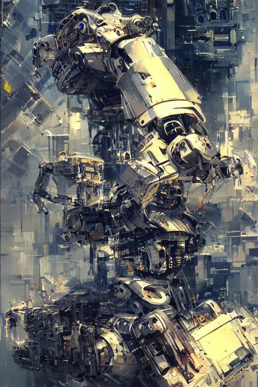 Image similar to robot contemplates death, synthwave, glitch, fracture, realistic, hyperdetailed, chiaroscuro, concept art, art by john berkey