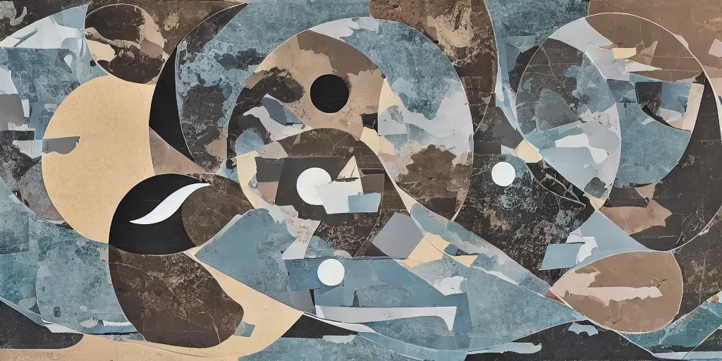 Image similar to A collage of a river reaching to the moon, mid-century modern, made of random shapes cut from magazines