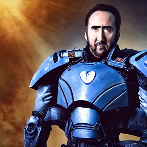 Image similar to Nicolas Cage wearing Powered Combat Suit in Starcraft, promo shoot, studio lighting