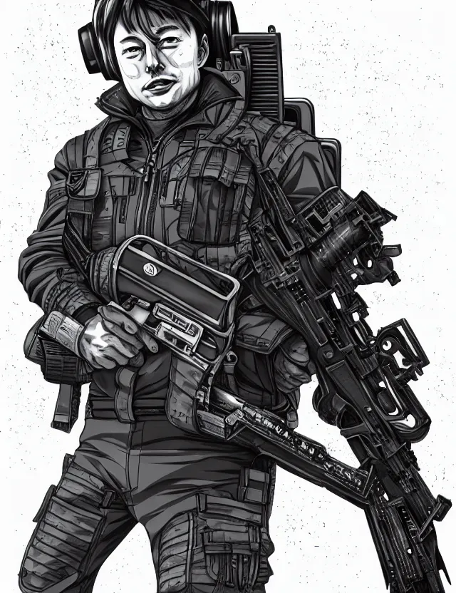 Prompt: a detailed manga illustration of elon musk in tactical gear, trending on artstation, digital art, 4 k resolution, detailed, high quality, sharp focus, hq artwork, coherent, insane detail, character portrait