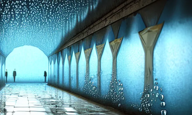 Prompt: beautiful picture of a tunnel of big upside-down raindrops floating quietly in a sunny blue sky, highly-detailed, fantastic, dramatic lighting, artstation, 4k