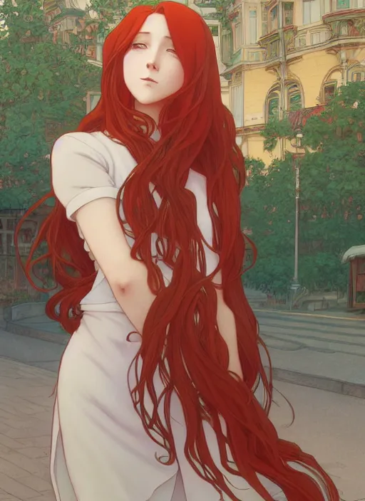 Image similar to young woman with long red hair standing at the corner of a busy street, path traced, highly detailed, high quality, digital painting, by studio ghibli and alphonse mucha, leesha hannigan, makoto shinkai, disney