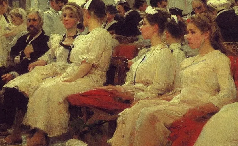 Image similar to high quality high detail painting by ilya repin, people in the waiting room, hd