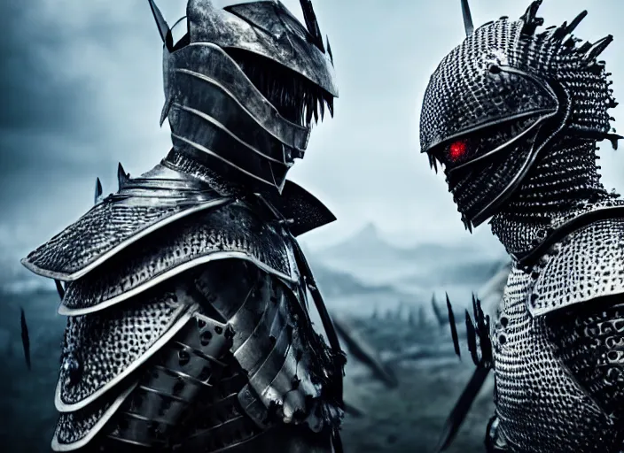 Image similar to A man wearing an armor made entirely out of eyes dueling a man in pyjamas, Very detailed 8k. Fantasy horror. Sharp. Cinematic post-processing