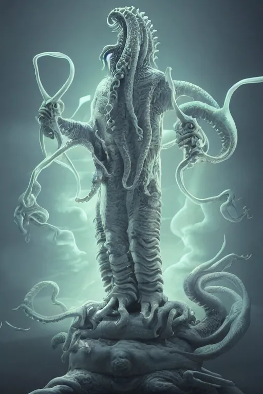 Image similar to digital masterpiece illustration concept art of porcelain statue of cthulhu as elon musk!!!!, extremely detailed and intricate complexity, epic composition, magical atmosphere, cinematic lighting, wide long shot, trending on artstation, 8 k