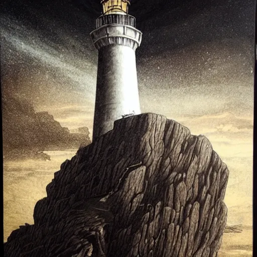 Image similar to bleak lighthouse, black paper, white ink, I, Renaissance style golden border, As above so below, tarot card, intricate design, 3d relief, insanely detailed, illustrated by Charlie Bowater and Donato Giancola, Major arcana