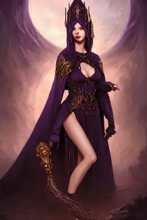 Prompt: Fantasy portrait, Necromancer, female, gorgeous, beautiful face, dark garments, dark pruple robes, gold bracelet, Black cloak from neck to ankles, kiss, pin-up, shapely toned derriere, matte painting, by WLOP, Frank Franzzeta and Sakimichan, artstation