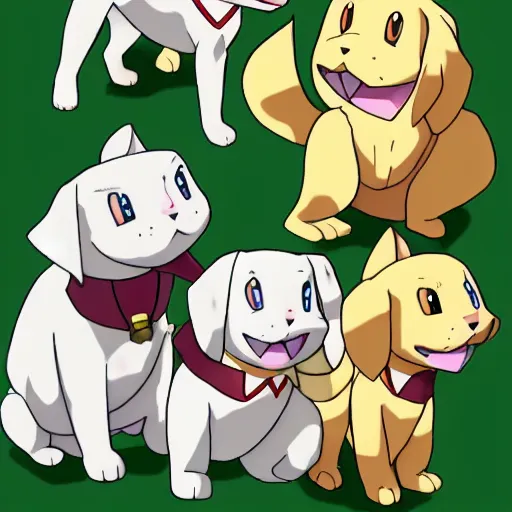 Image similar to golden retriever high fiving 3 gray and white cats in pokemon art style