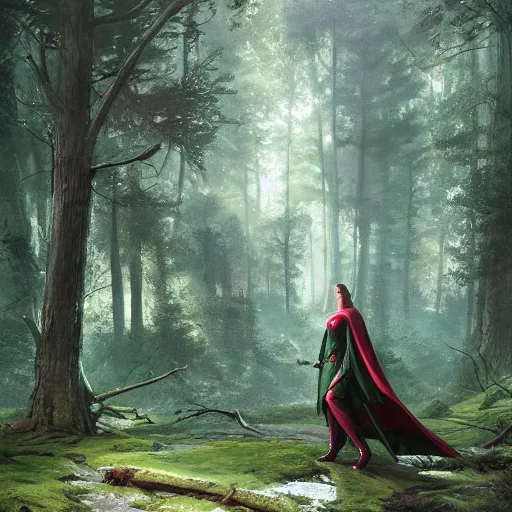 Prompt: an woman with a green cape and hunter bow wearing iron armor in the middle of an forest, Matte painting , detailed painting, greg rutkowski