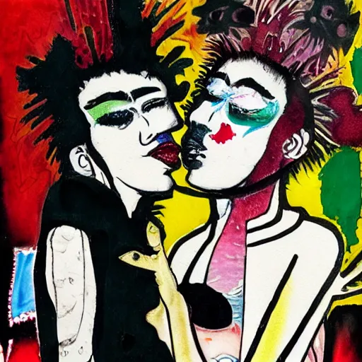 Prompt: watercolor painting of two bizarre psychedelic goth women kissing each other closeup in a sushi bar in japan, speculative evolution, mixed media collage by basquiat and jackson pollock, maximalist magazine collage art, sapphic art, lesbian art, chemically damaged